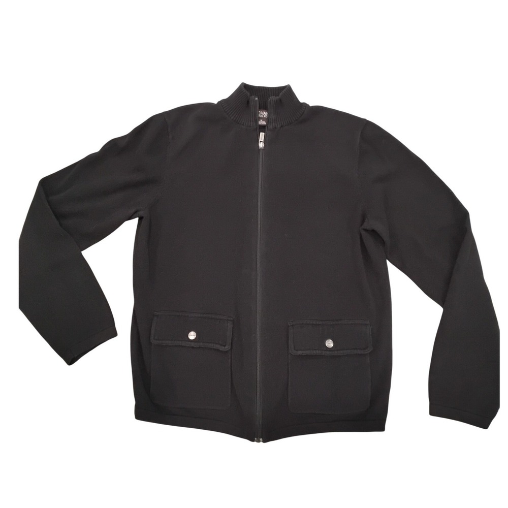 Michael Kors Mens Full Zip Cardigan Sweater Black Mock Neck Cotton Pockets M
